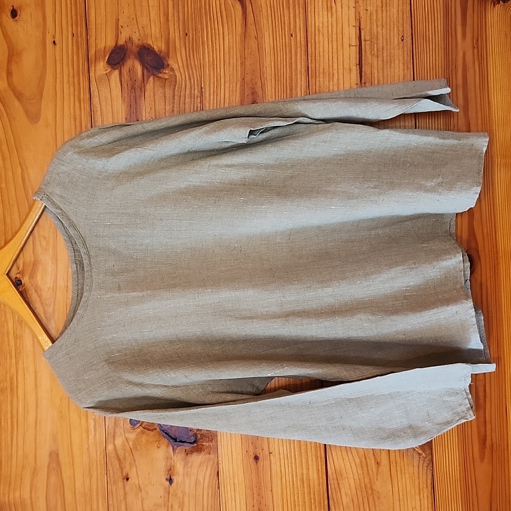 Flax Women's Sage-khaki Linen Long Sleeve Pullover Shirt Size Medium